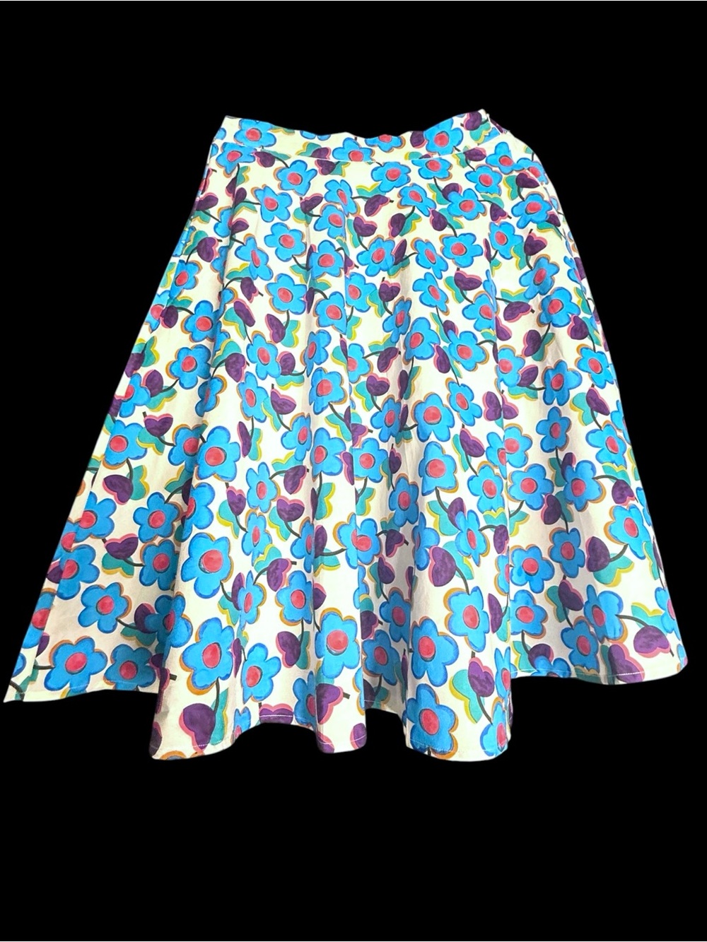 Tulip B Blue Pink Flower Print Midi Circle Skirt Lined Pockets Retro NWT